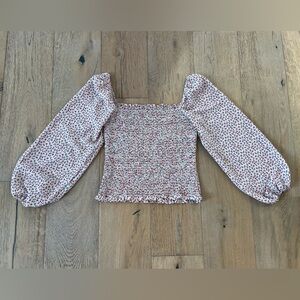 Smocked ruched long sleeve blouse floral red blue Women medium